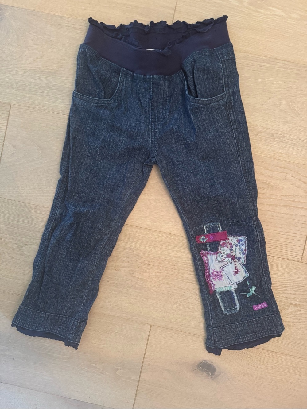 Naartjie Girls Dark Blue Denim Knit-Waist Pants with Floral Patch